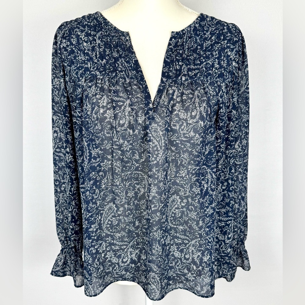 Ba&sh Ines Peasant Blouse Navy Blue Floral Print Long Sleeves Semi Sheer Size 6